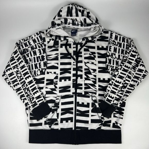 Nike Vtg‎ Swoosh Hoodie Sz L Black White All Over Print Full Zip Y2K Blue Tag - Picture 5 of 14